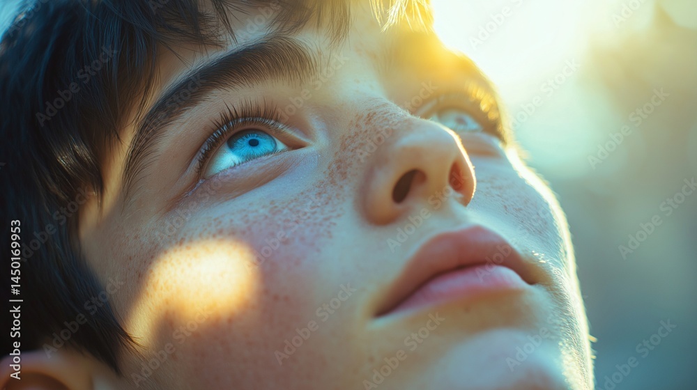 Dreamy sunlit gaze portrait image closeup. Freckled boy looking upward into sunlight. Expressive eyes close-up photography human scene. Youth innocence concept photo-realistic