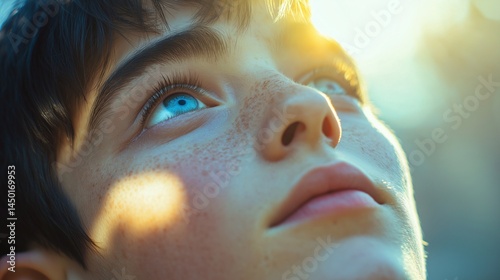 Obraz na płótnie Dreamy sunlit gaze portrait image closeup. Freckled boy looking upward into sunlight. Expressive eyes close-up photography human scene. Youth innocence concept photo-realistic w salonie
