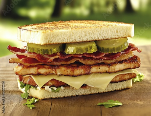 Grilled chicken, bacon, and pickle sandwich on toasted bread, with melted cheese