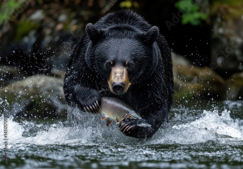Black bear catching fish in river with splashes, showcasing natural wildlife behavior in stunning detail, a moment of survival and instinct in the wild