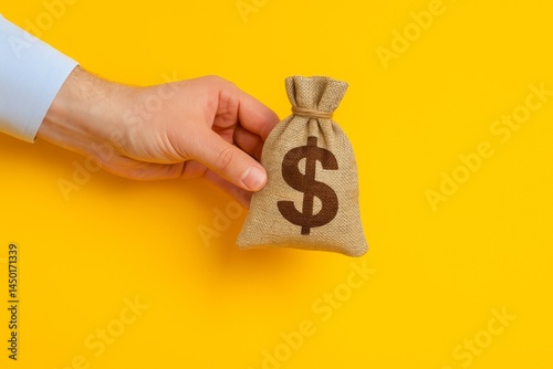 Hand Holding a Small Burlap Money Bag with Dollar Sign Symbol on Yellow Background Business Finance Wealth Investment Savings Concept Studio Shot High Resolution Image rich loan debt asset growth     