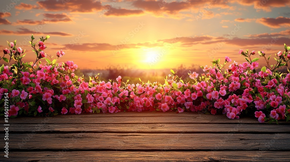 Fototapeta premium Wooden stage, pink flowers, sunset, bright and serene
