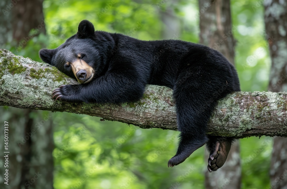 Fototapeta premium Black bear resting peacefully on a tree branch in a serene forest setting surrounded by lush green foliage under soft natural light
