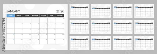 2026 monthly blank blue calendar planner schedule with week starts on Sunday