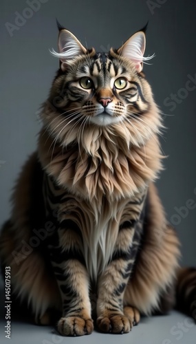Majestic Maine Coon, elegant pose, whisper gray backdrop, elegant, fur, studio