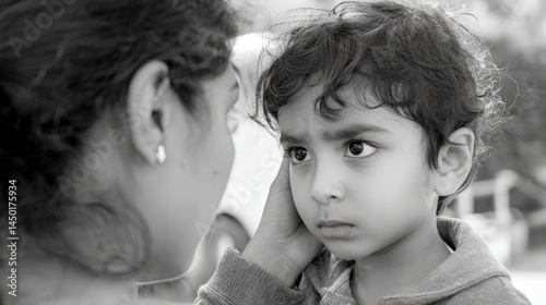 Young boy attentively listens to an adult, showing curiosity and concentration. photo