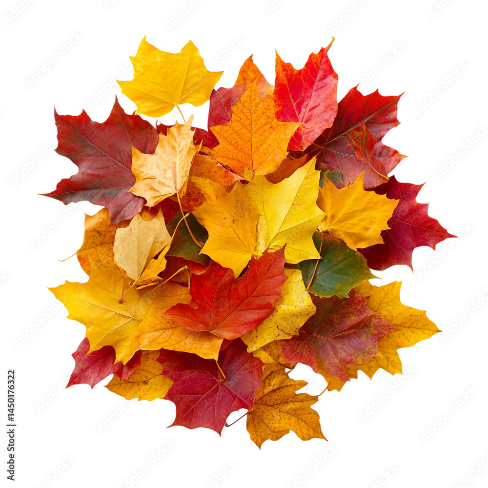 Fototapeta premium A vibrant pile of colorful autumn leaves isolated on white background