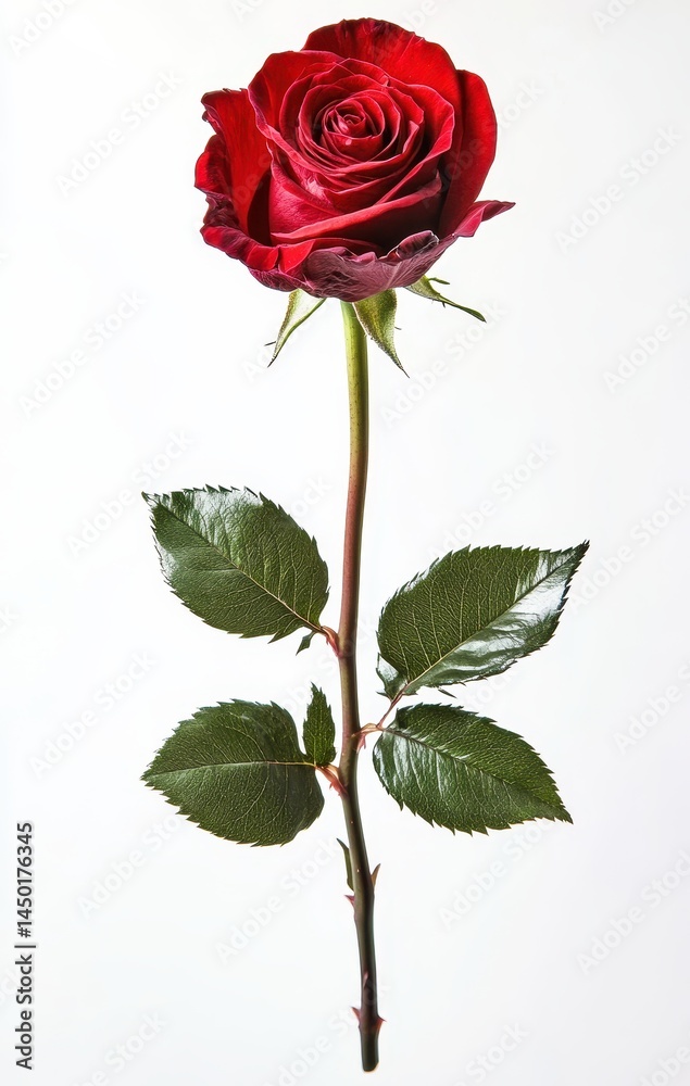 Fototapeta premium Close-Up of a Beautiful Single Red Rose on a White Background Perfect for Romantic Themes, Floral Decorations, or Art Projects