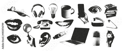 Set of cut out business elements photocopy stipple effect of collage. Laptop, watch, hands, eyes, magnifier. Vector.