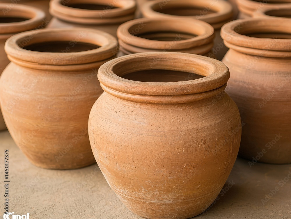 A group of traditional clay pots arranged closely together on a flat surface. A group of traditional clay pots arranged closely together on a flat surface.