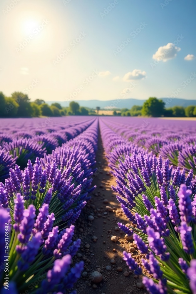 Obraz premium Rows of purple lavender blooming in sun-drenched field, lavender, countryside