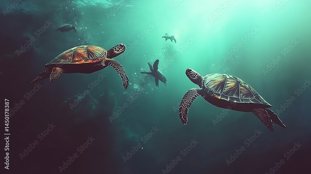 Obraz premium Two sea turtles underwater