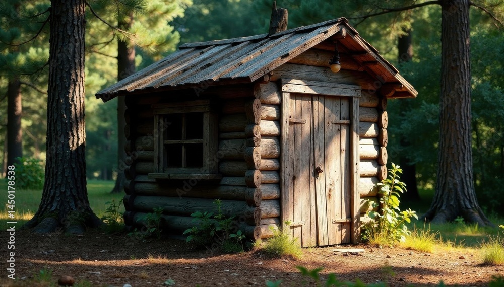 Rustic shed, weathered wood, pine needles, shadows , sunlight, brown, picture