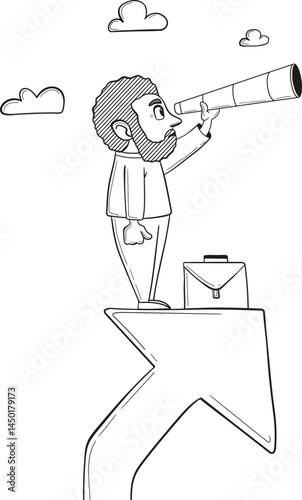 Profit and income forecast concept, businessman climbing up the ascending arrow with a big telescope spyglass. Hand drawn vector illustration, doodle style.
