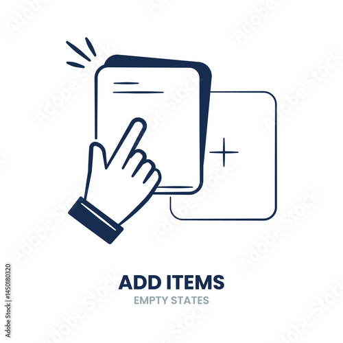 Add item, new entry, create new, insert data, plus sign, add more, include item, add content. Vector Illustration