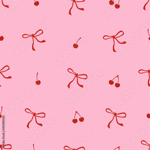 Seamless abstract pattern with cherries and coquette bows on pink background. Cherries pattern in whimsical aesthetic. Editable vector for wrapping paper, packaging, fabric, phone case etc.
