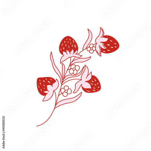 Coquette vintage strawberry branch with berries, blooming flowers and leaf. Red and pink strawberry on white background. Vector illustration for posters, cards, logo, printing on t-shirt etc.