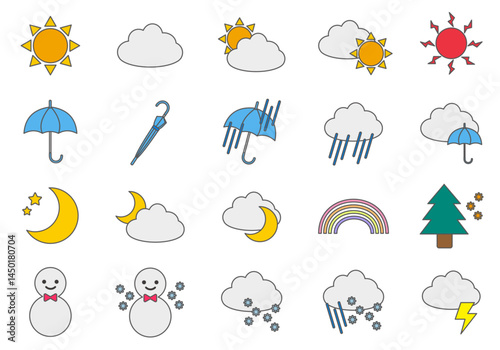天気のラインアイコンセット(色付き)：線幅可変のシンプルベクター - Weather Line Icon Set: Simple and Editable Stroke Vector