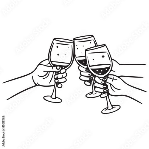 Hands hold white sparkling or red wine, champagne or cocktail glasses set. 
Cheers vector illustration for greeting card, postcard, wedding invitation, menu design.