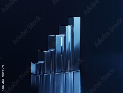A stylized, ascending bar graph, rendered in a polished, dark blue metallic material, against a dark background, with reflections