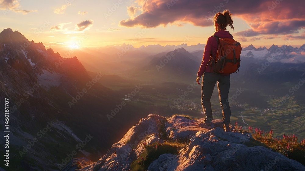 Fototapeta premium Woman hiker stands on mountain peak at sunset.