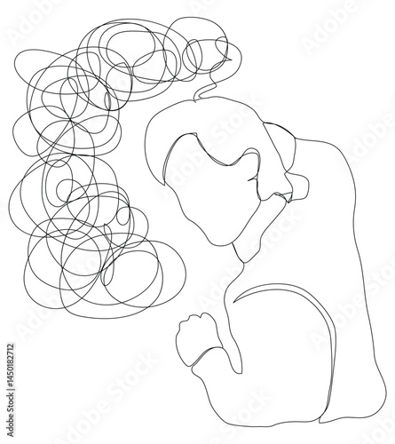 Sketch problem concept minimal man emotion stress headache drawing line art. Male unhappy depress hand drawn continuous line concept with white isolated background. Abstract,vector,illustration.