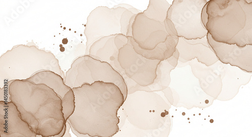 Brown milk chocolate coffee beige nude white watercolor water. Abstract art background. Light pale pastel soft shade. Brush stroke daub blot splash grunge. Mocha mousse color 2025. Blank. Design.