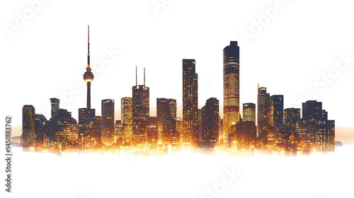 Silhouette of skyscrapers with warm yellow lighting at night, isolated on transparent background. PNG