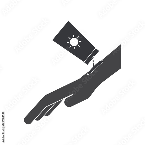 Isolated pictogram showing a hand applying UV sunscreen cream, representing sun protection and skincare application