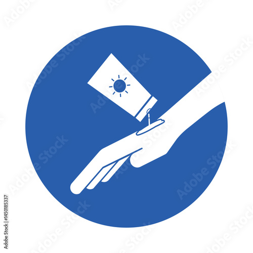 Isolated notice sign hand apply protection UV sunscreen cream, representing sun protection and skincare application