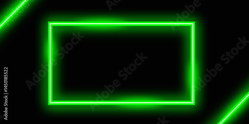 Green Neon rectangle frame loop illustration. Abstract glowing neon rectangle border frame on black background.