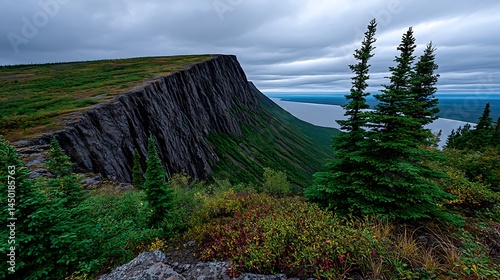 Dramatic Arctic Cliff with Lake View, and Autumn Colors.