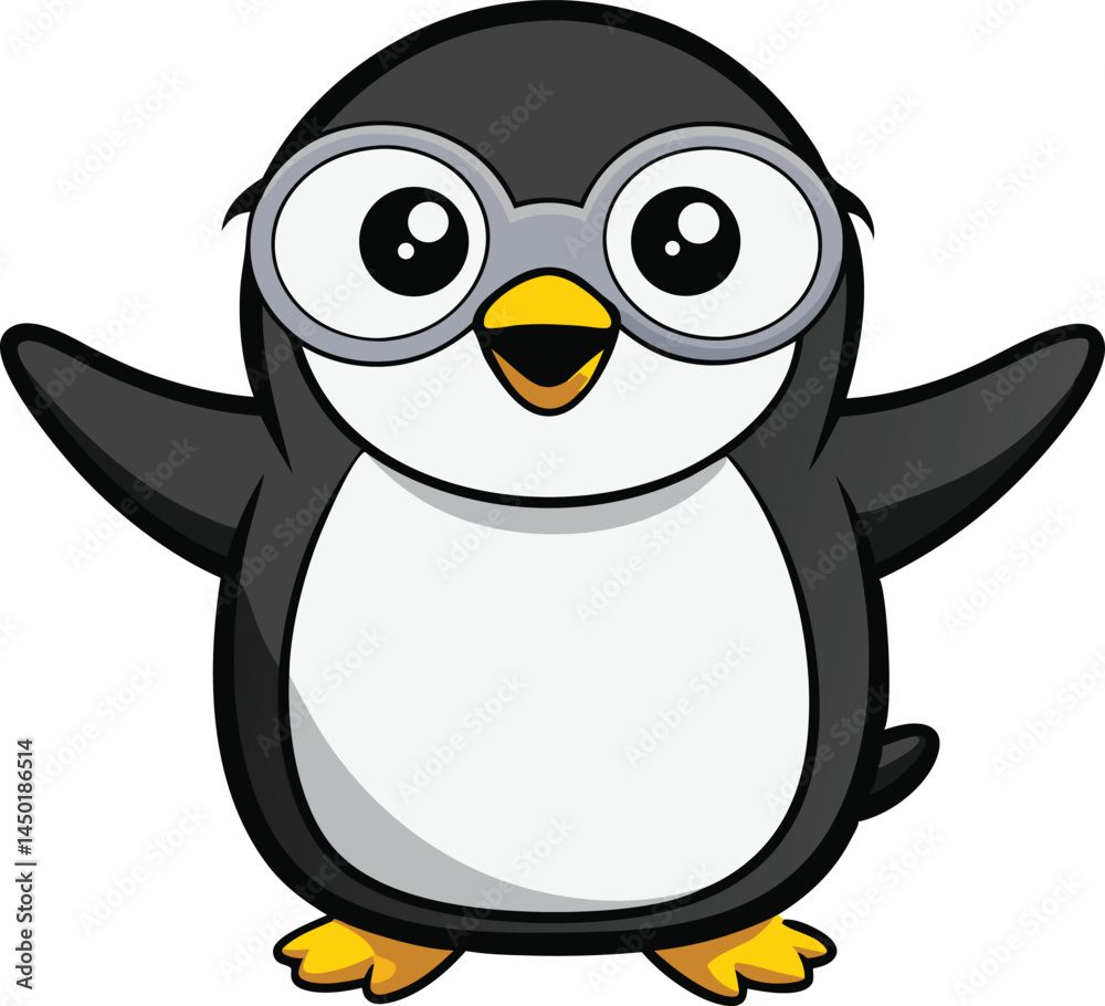 Obraz premium Cute Cartoon Penguin Mascot Vector – Cheerful Minimalist Character with Glasses and Sparkles