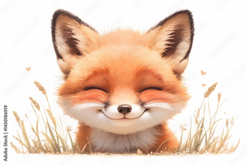 Obraz premium Adorable fox cub with bright eyes & a happy expression in tall grass