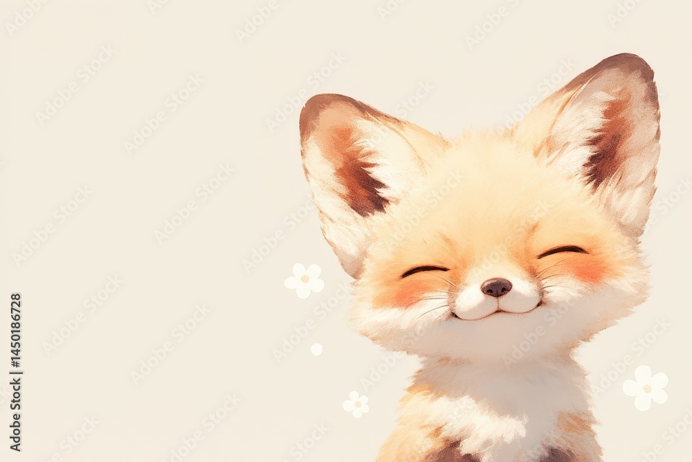 Obraz premium Adorable fox cub with fluffy fur, rosy cheeks, and a happy expression