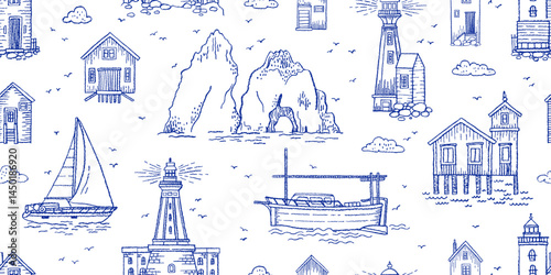 Summer sea beach pattern with lighthouse. Italy and Amalfi coast seamless background. Italian hand drawn pattern with boat, yacht, lighthouse, beach cabin hut, sailboat, rock, coastal house. Doodle bg