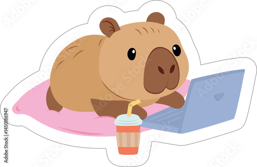 Cute capybara lying on a pillow with laptop, and glass with a drink next