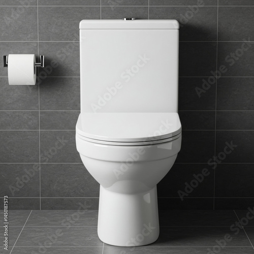 White toilet in a modern bathroom with gray tiled walls and floor. Standing alone in the room with a roll of toilet paper, ready for use.