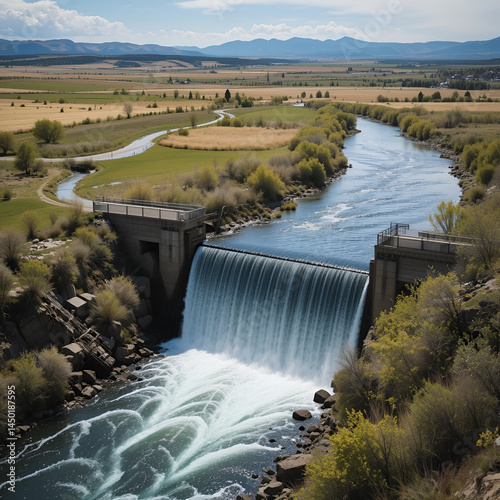 small dam diverting water for farmland irrigation - Cache la Poudre River above Greeley in northern Colorado