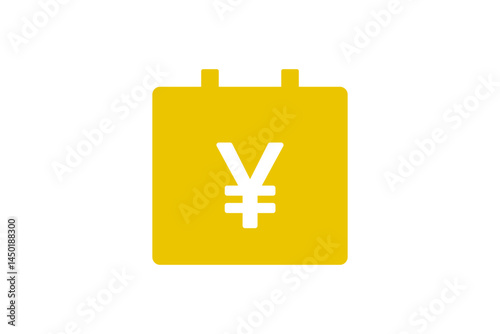 Vector icon of a yellow calendar with white yen currency symbol in the center, representing financial planning, budgeting, and currency exchange. Finance apps, banking interfaces, economic reports