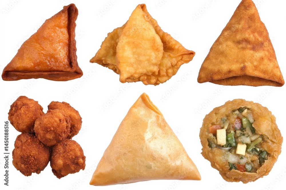 Assorted Indian snacks including samosas and bhaji arranged on a white background Assorted Indian snacks including samosas and bhaji arranged on a white background
