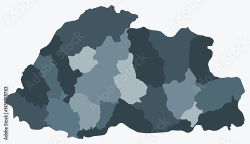 Map of Bhutan with regions. Just a simple country border map with region division. Blue grey color palette. Blank Kingdom of Bhutan shape with administrative division. Vector illustration.