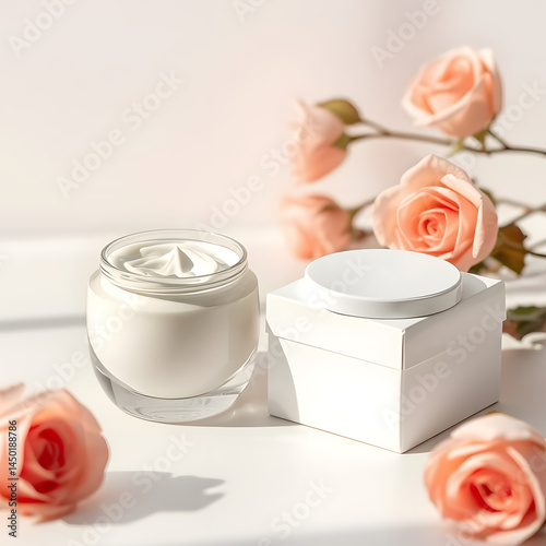 Glass jar with white delicate cream and empty box, surrounded by pink-cream roses.