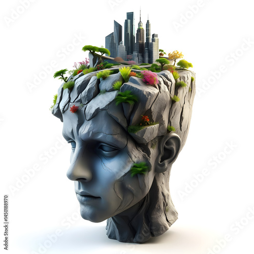 A stone base in the shape of a man's head with vegetation and a city on top.