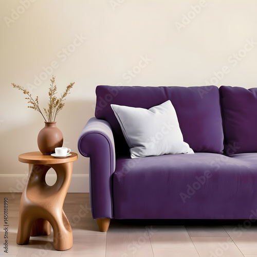 A corner of a soft purple sofa, a pillow on the left and a decorative wooden table.