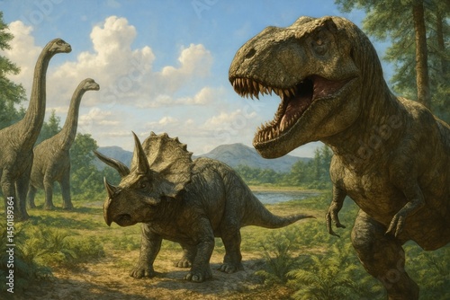 Fototapeta Naklejka Na Ścianę i Meble -  Dinosaurs roaming prehistoric landscape.