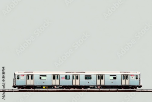 A sleek blue and gray subway train travels on tracks, conveying urban transit in a minimalist style.