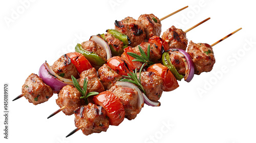 Shish kebab on skewers features grilled meat, isolated on transparent background. PNG