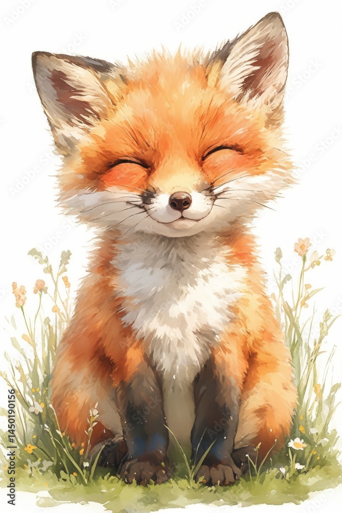 Obraz premium Adorable fox kit sits in the grass, enjoying the sunshine and blooming flora