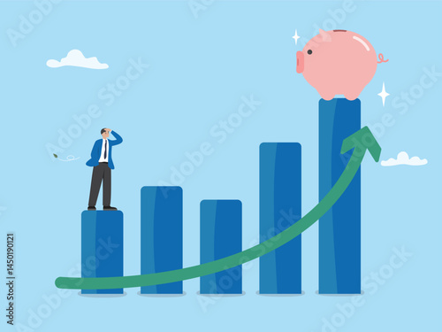 Businessman looking at piggy bank on graph. Concepts saving money, financial retirement planning, growth business, high return investment, profits increase, money management flat vector illustration.